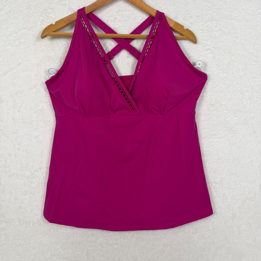 Ruby Ribbon Tankini Top Womens 20 Pink Swimwear V-Neck Crochet Trim Strappy